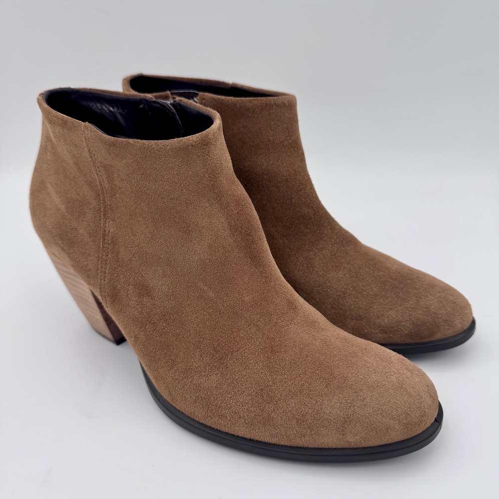 EUC ECCO Shape 75 Block Ankle Boots Brown Suede Side Zip Womens 7 EU 38